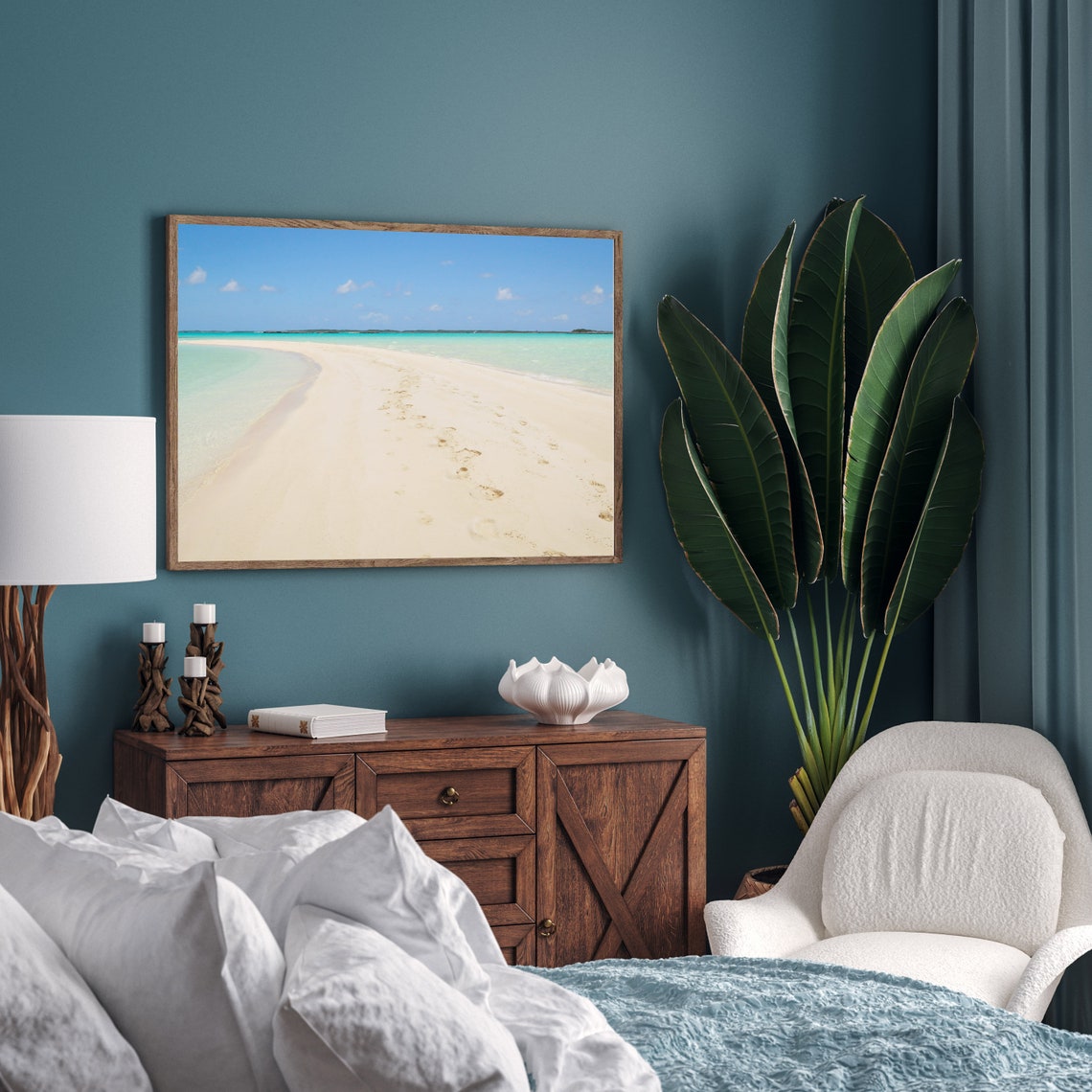 Empty Sandy Shoreline Curving to Turquoise Sea Footprints Poster - Image 2
