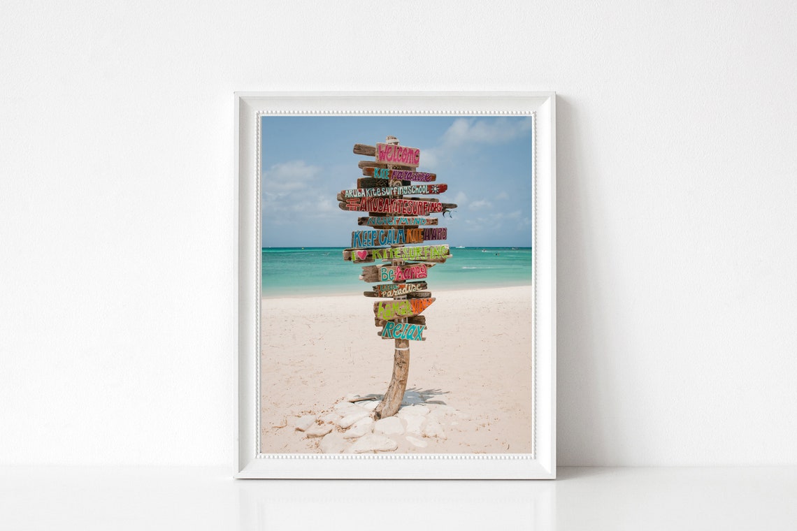 Colorful Aruba Kitesurfing Signpost on White Sand Beach Photo Poster - Image 3