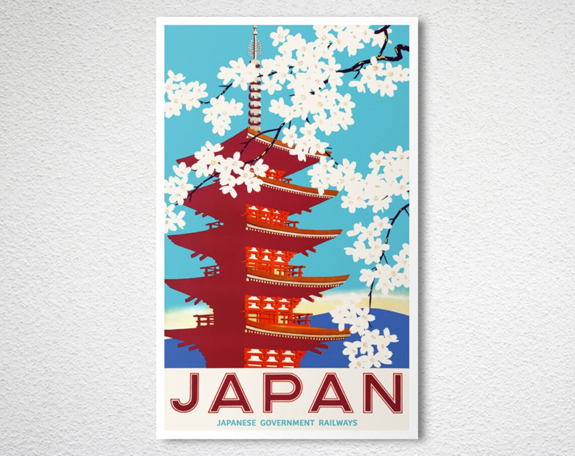 Japan Cherry Blossom Pagoda Japanese Government Railways Poster - Image 2