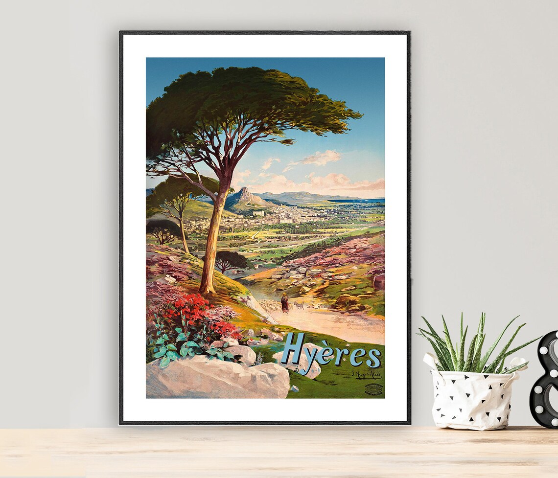 Hyeres French Riviera Umbrella Pines Coast Vintage Travel Poster