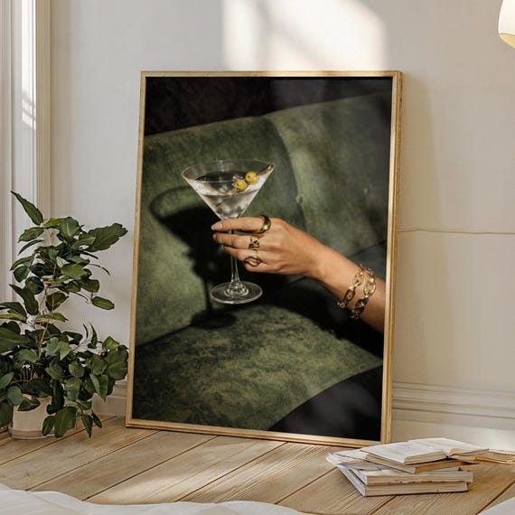Martini Hand Print Digital Download Moody Cocktail Printable Olive Bar Wall Art