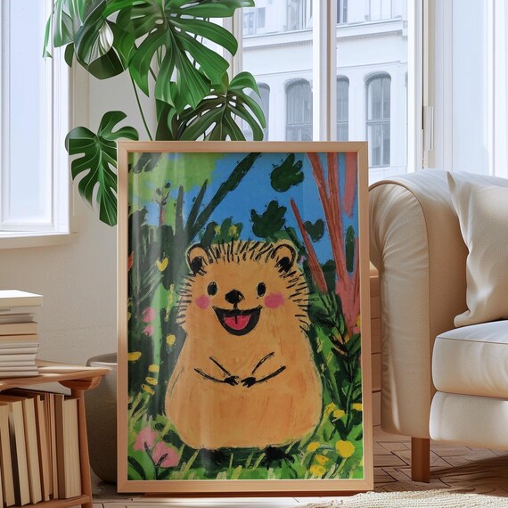 Happy Tan Hedgehog Smiling in a Lush Green Flower Garden Poster