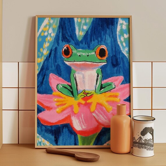 Bright Green Tree Frog With Red Eyes Sitting On A Pink Flower Poster