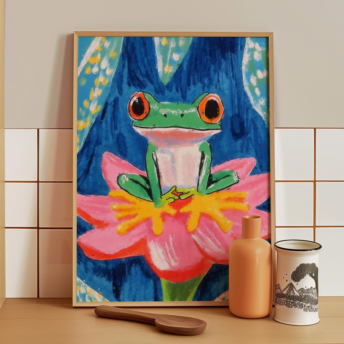 Bright Green Tree Frog With Red Eyes Sitting On A Pink Flower Poster