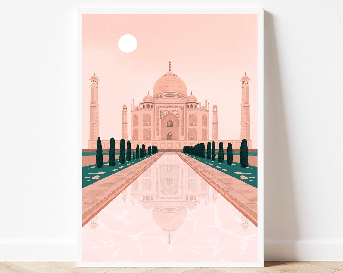 Taj Mahal India Daytime Soft Pink Sky Reflection Travel Art Print