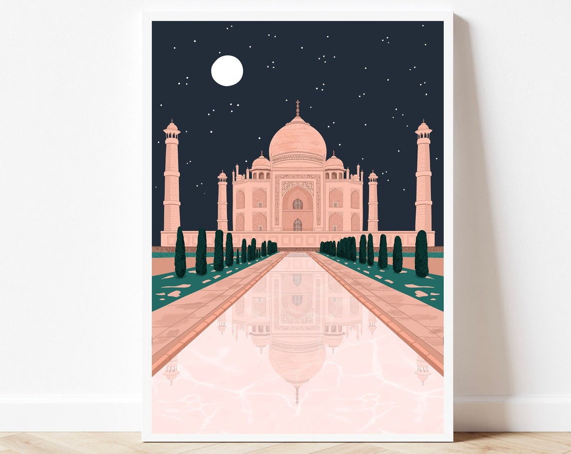 Taj Mahal India Night Moon Starry Sky Reflection Travel Art Print