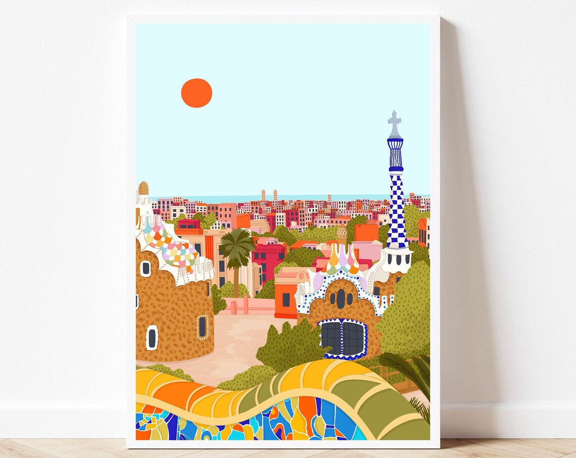 Barcelona Park Guell Gaudi Colourful Cityscape Travel Art Print