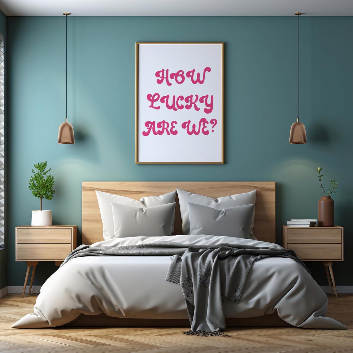 How Lucky Are We Pink Groovy Bubble Letter Retro Wall Decor Poster - Image 2