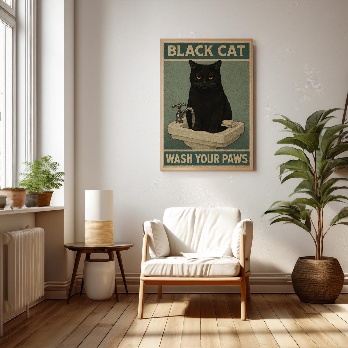 Black Cat Wash Your Paws Poster Funny Bathroom Wall Art Retro Pet Decor - Image 2