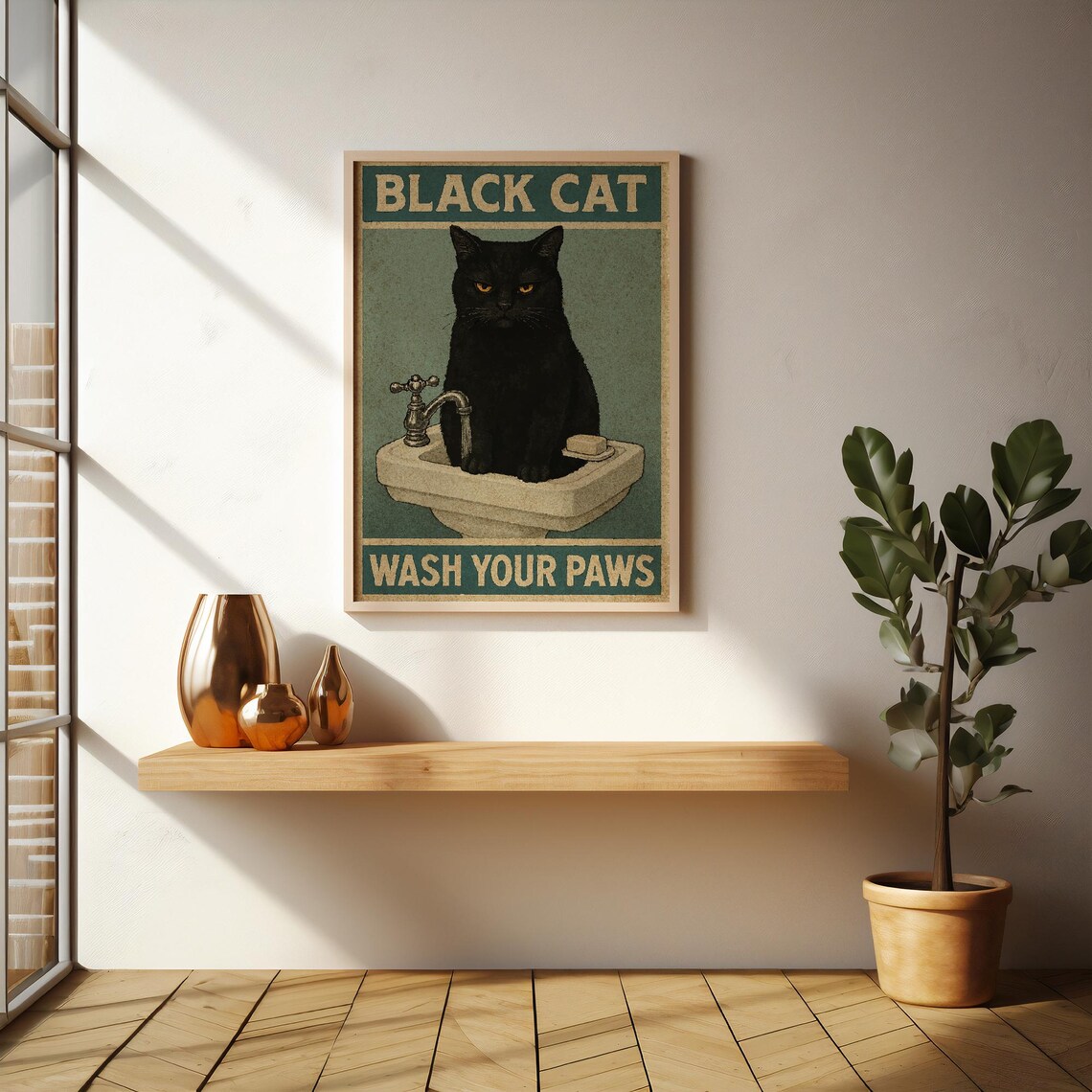 Black Cat Wash Your Paws Retro Funny Bathroom Sink Vintage Decor Poster - Image 5