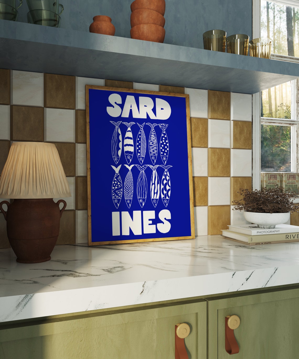 Blue Sardines Doodle Fish Bold Typography Nautical Kitchen Poster - Image 2