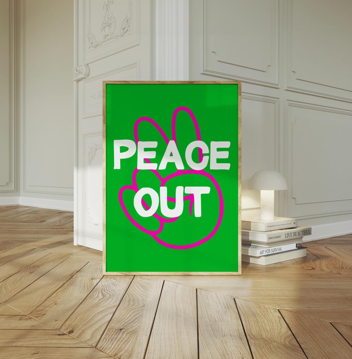 Bright Green Peace Out Typography Poster with Pink Peace Hand Design - Image 2