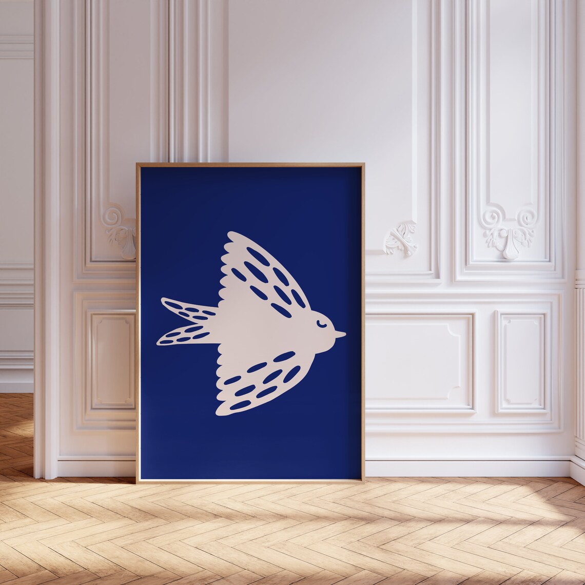 White Bird Flying Silhouette Scandinavian Navy Blue Minimal Art Print - Image 2