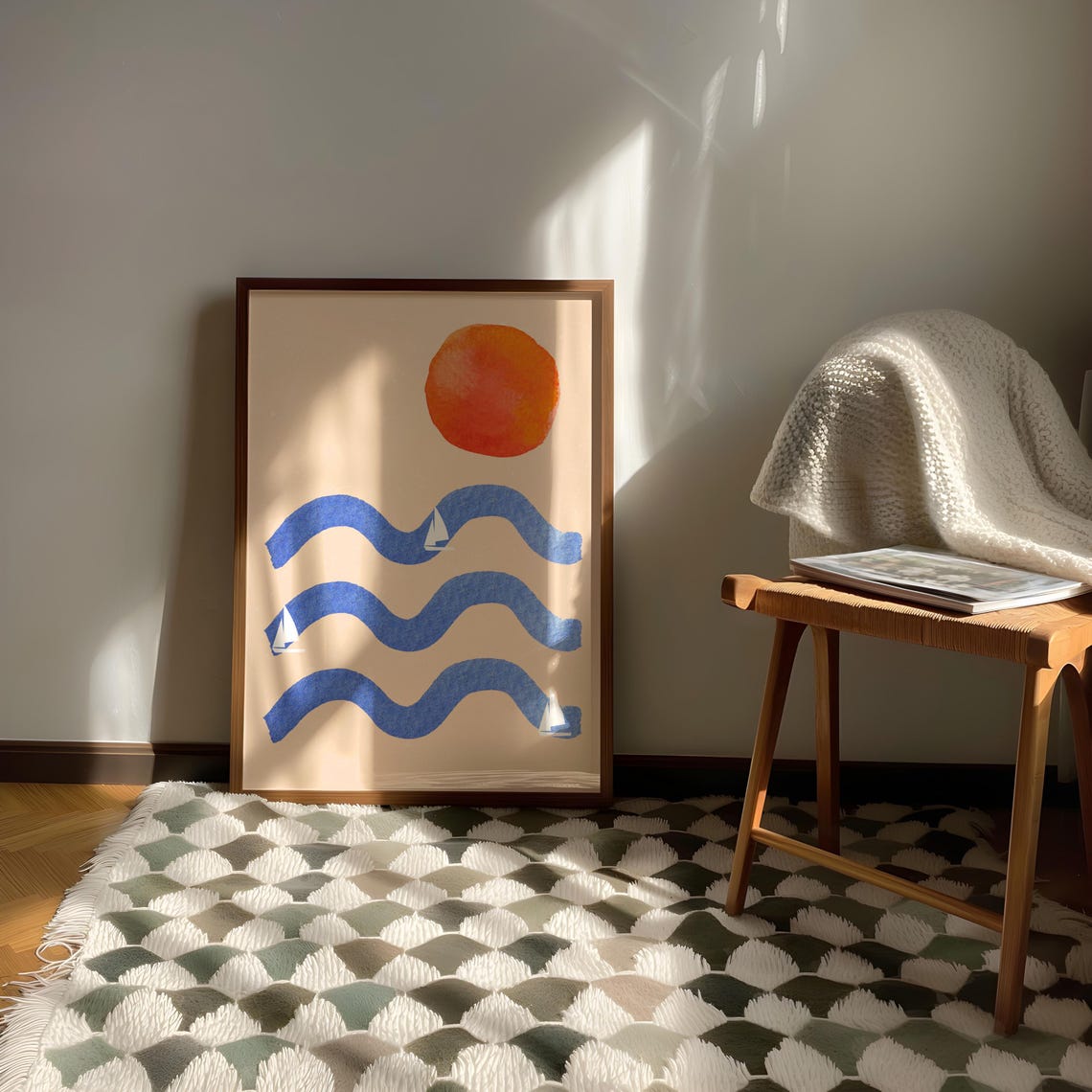 Abstract Blue Waves Sailboats Orange Sun Minimalist Sea Poster - Image 2