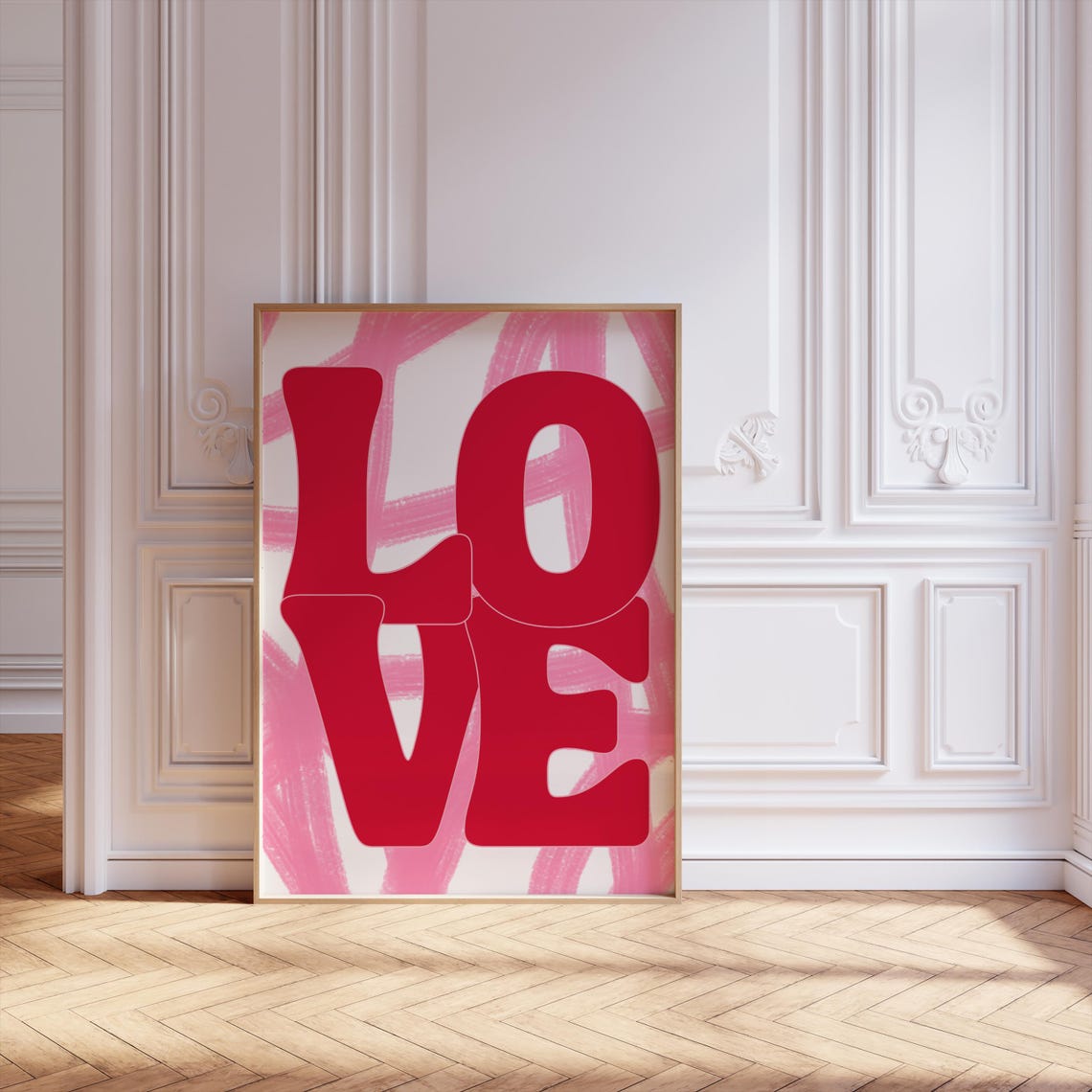 Bold Retro Love Typography Poster in Red on Pink Painterly Background - Image 2