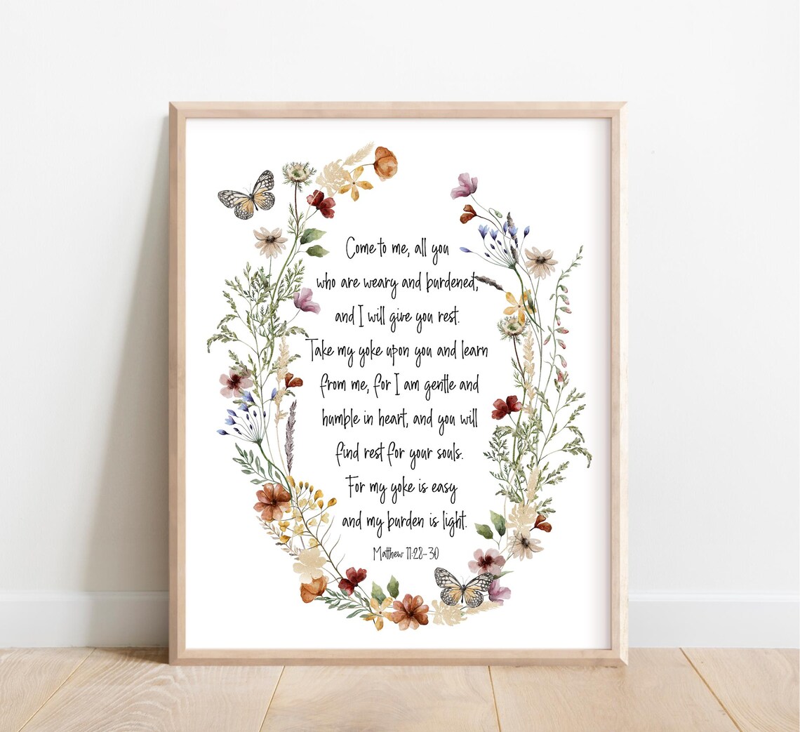 Matthew 11:28-30 Bible Verse Floral Wreath Rest For Weary Souls Poster