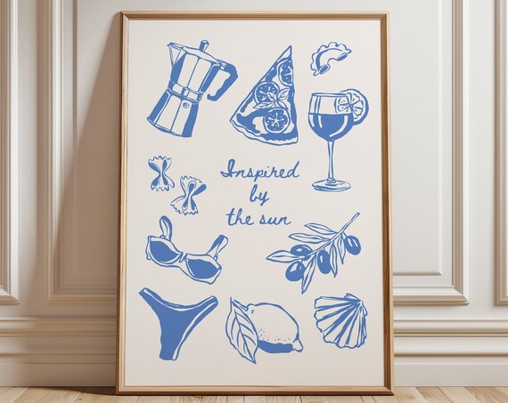 Inspired By The Sun Blue Italian Food Line Art Coastal Kitchen Art Poster