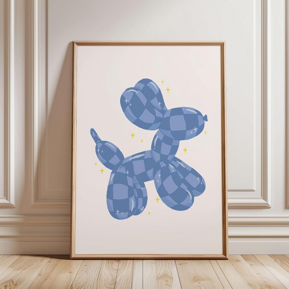 Checkered Balloon Dog Blue Print Teen Bedroom Decor Colorful Nursery Y2k Preppy Room Dopamine Wall Art Trendy