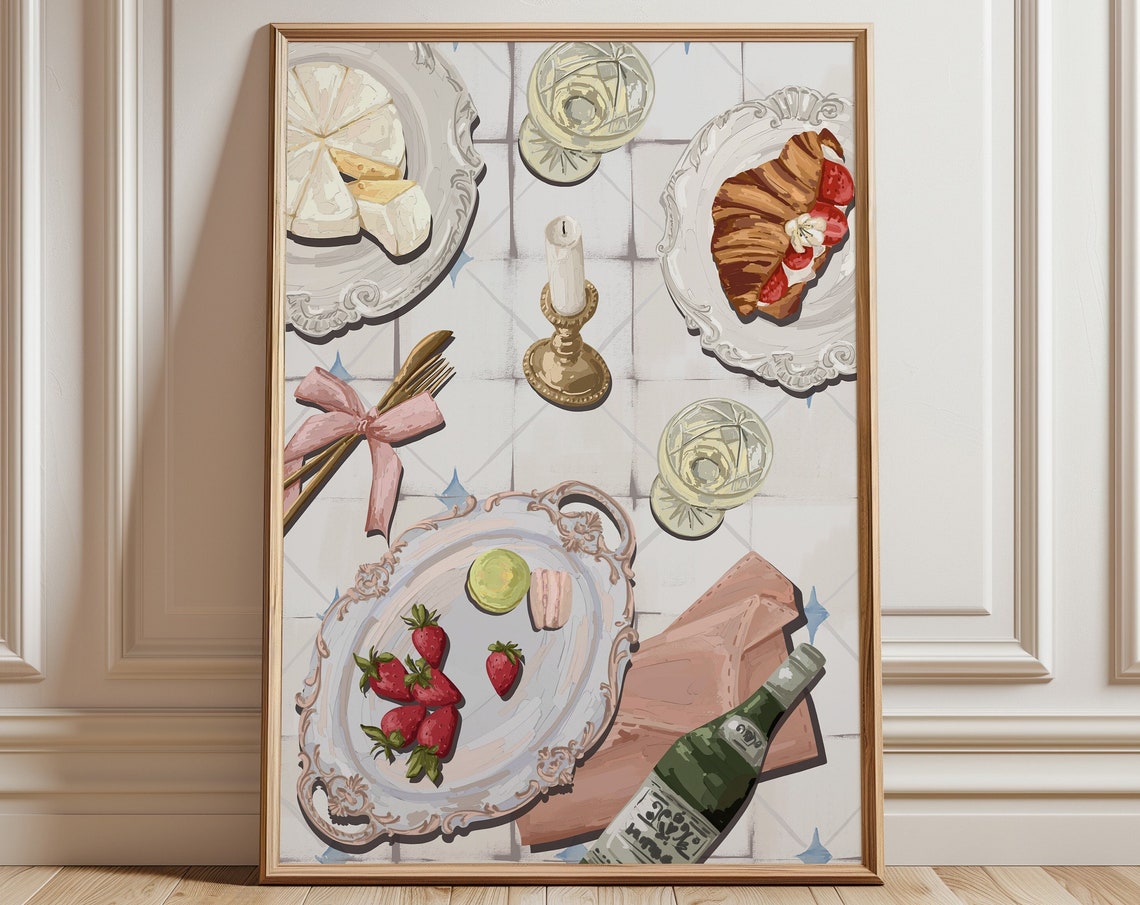 Romantic Pink French Breakfast Flat Lay Coquette Kitchen Wall Art