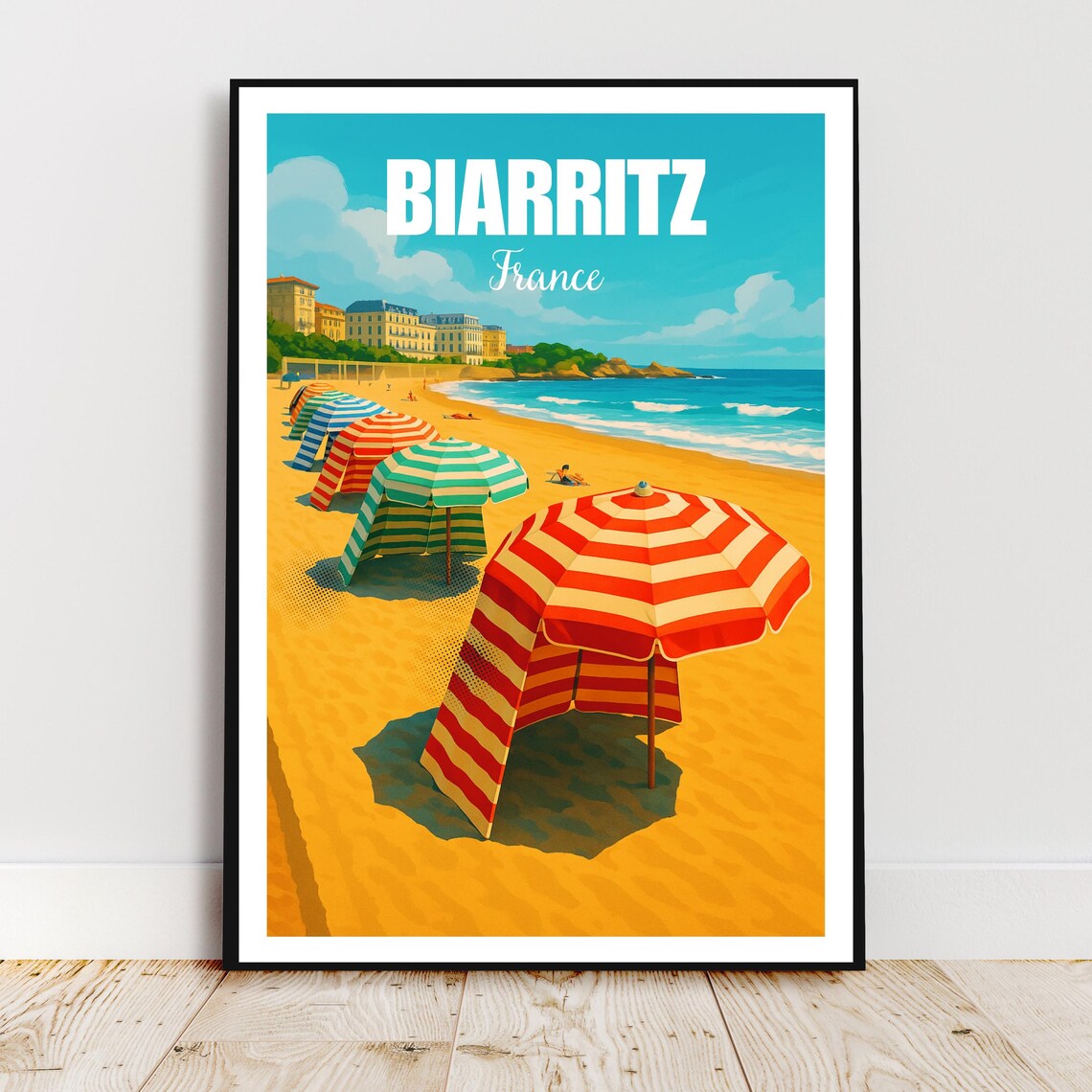Biarritz France Striped Beach Umbrellas Coastal Travel Poster