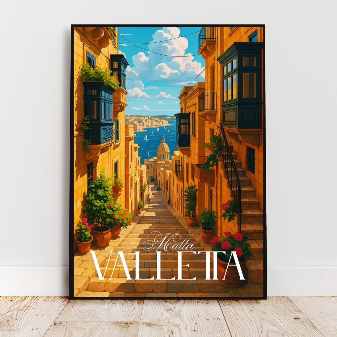 Valletta Malta Old Town Steps Harbor View Vintage Travel Poster