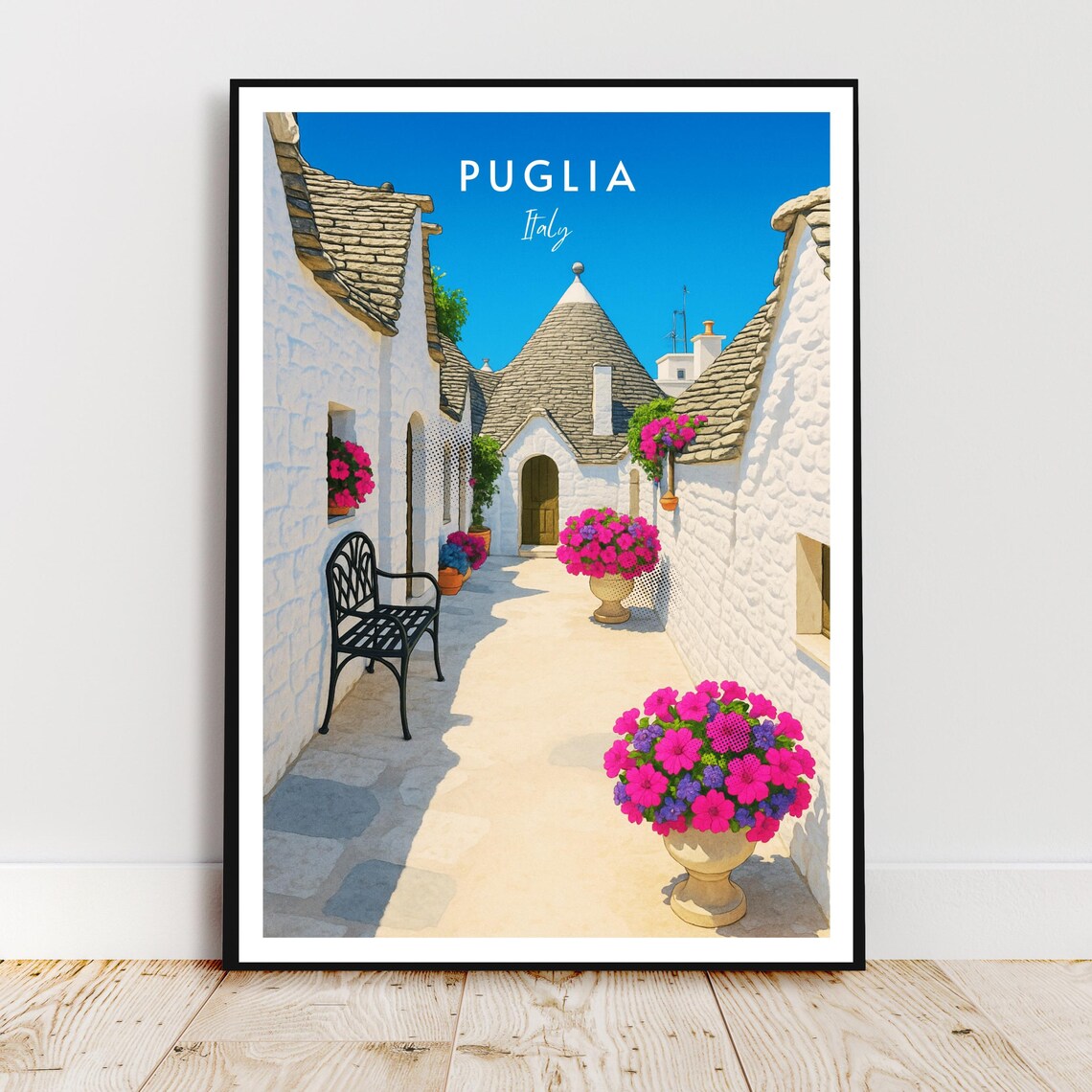 Puglia Italy Whitewashed Trulli Alley with Pink Flowers Travel Poster