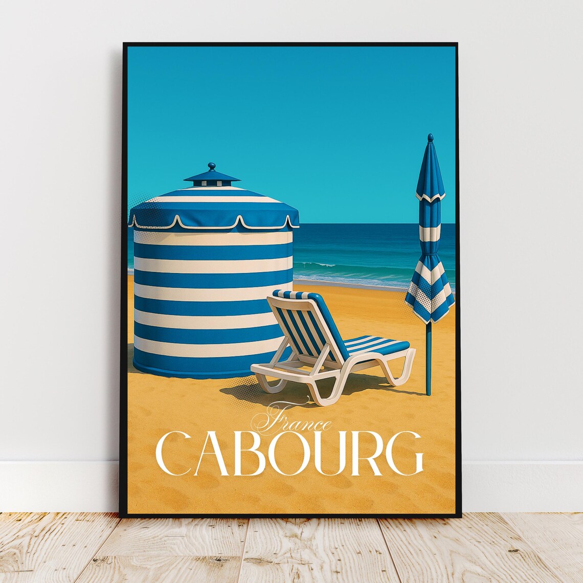 Cabourg France Striped Beach Cabana Sun Umbrella Travel Poster Art
