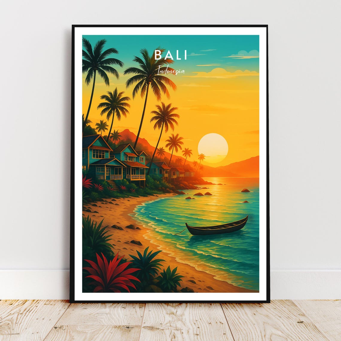 Bali Indonesia Sunset Beach Palm Trees Travel Poster Artwork