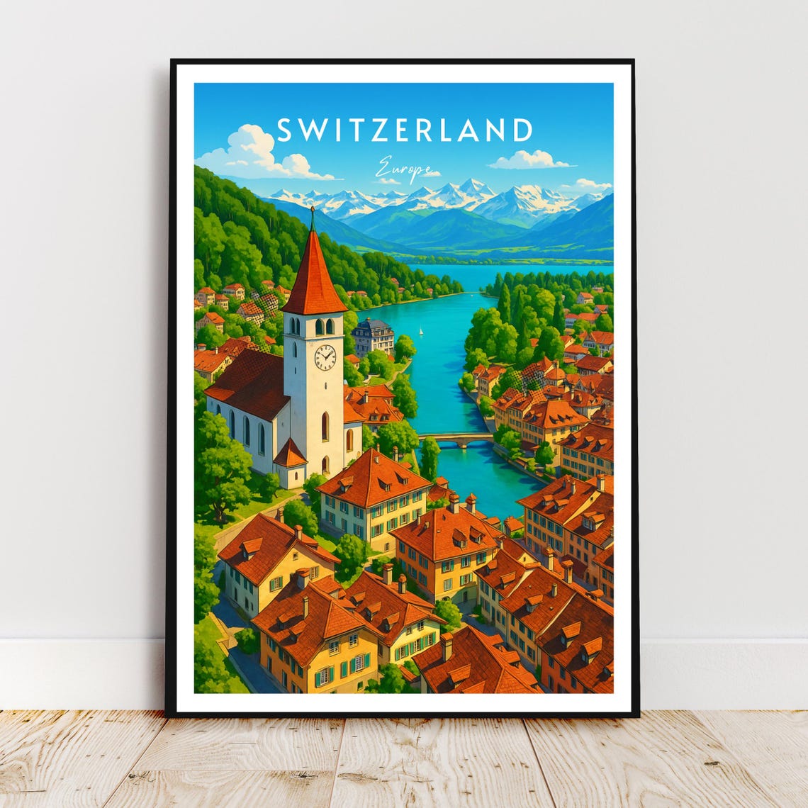Switzerland Europe Alpine Town Church Lake Mountains Travel Poster