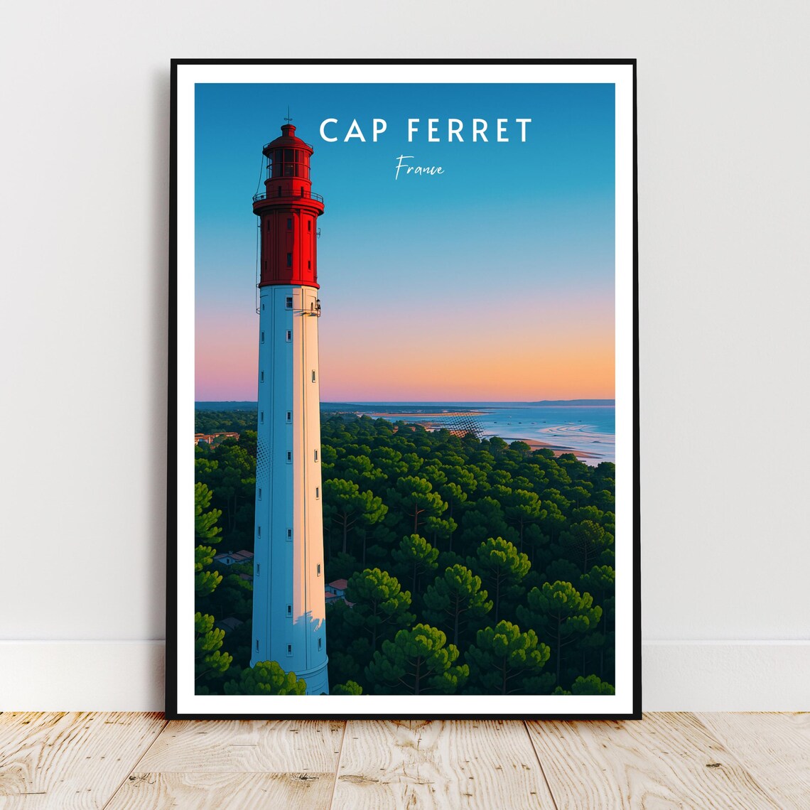 Cap Ferret France Red and White Lighthouse Coast Travel Poster