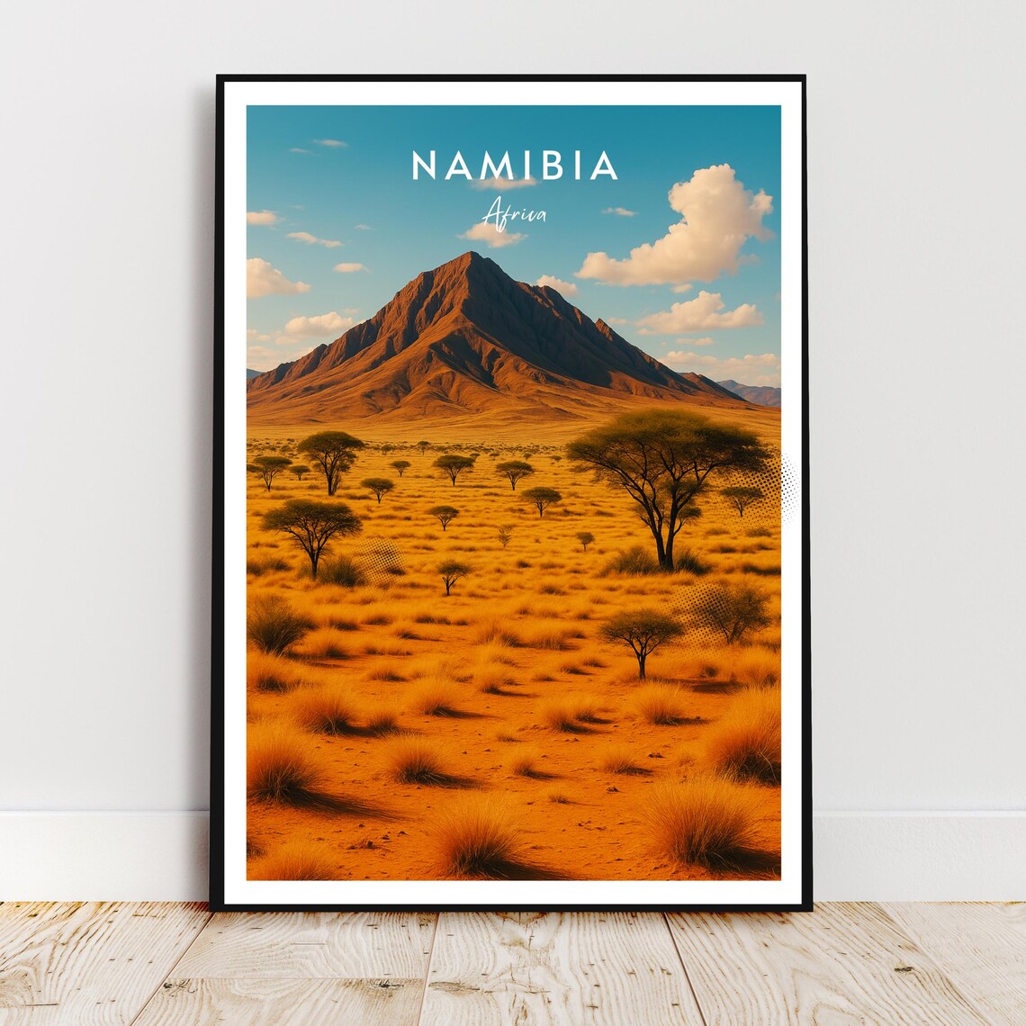 Namibia Africa Golden Savanna Desert Mountain Acacia Vintage Travel Poster