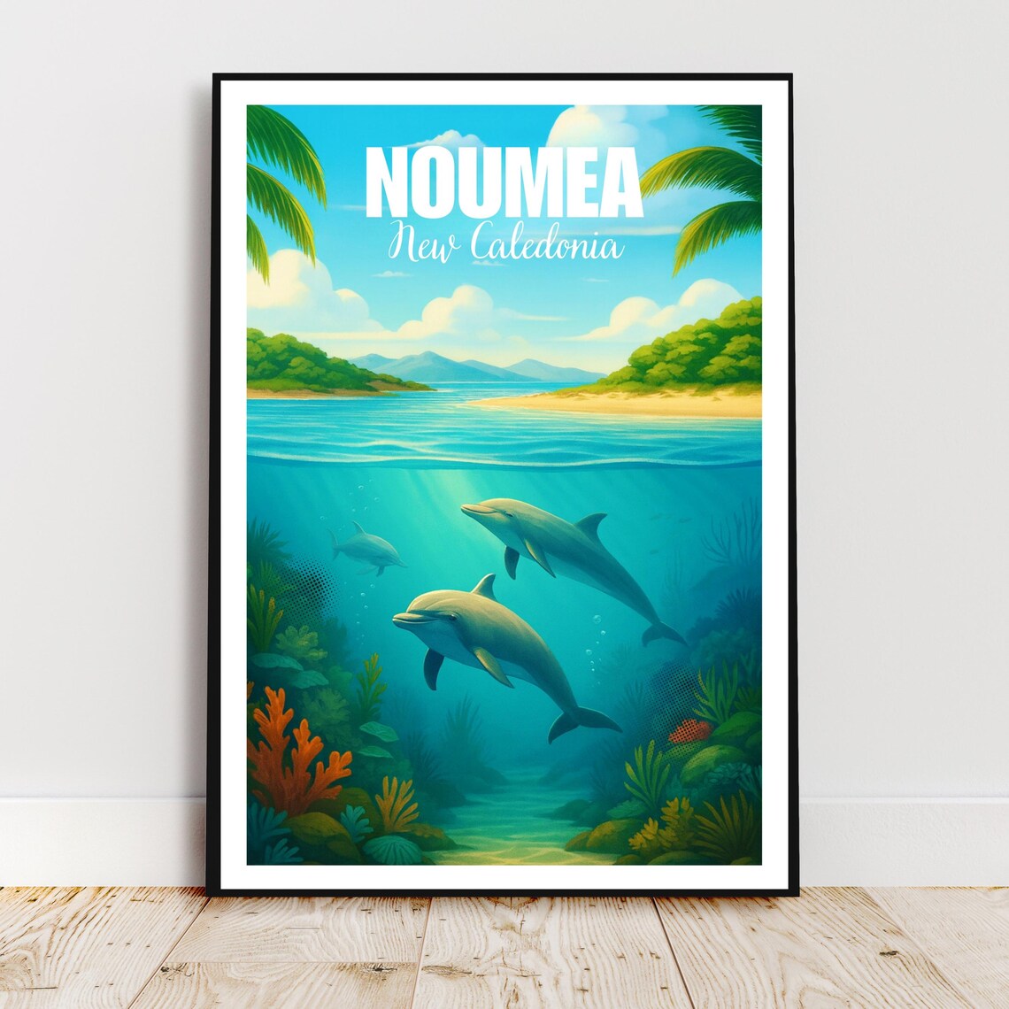 Noumea New Caledonia Dolphins Turquoise Bay Tropical Travel Poster