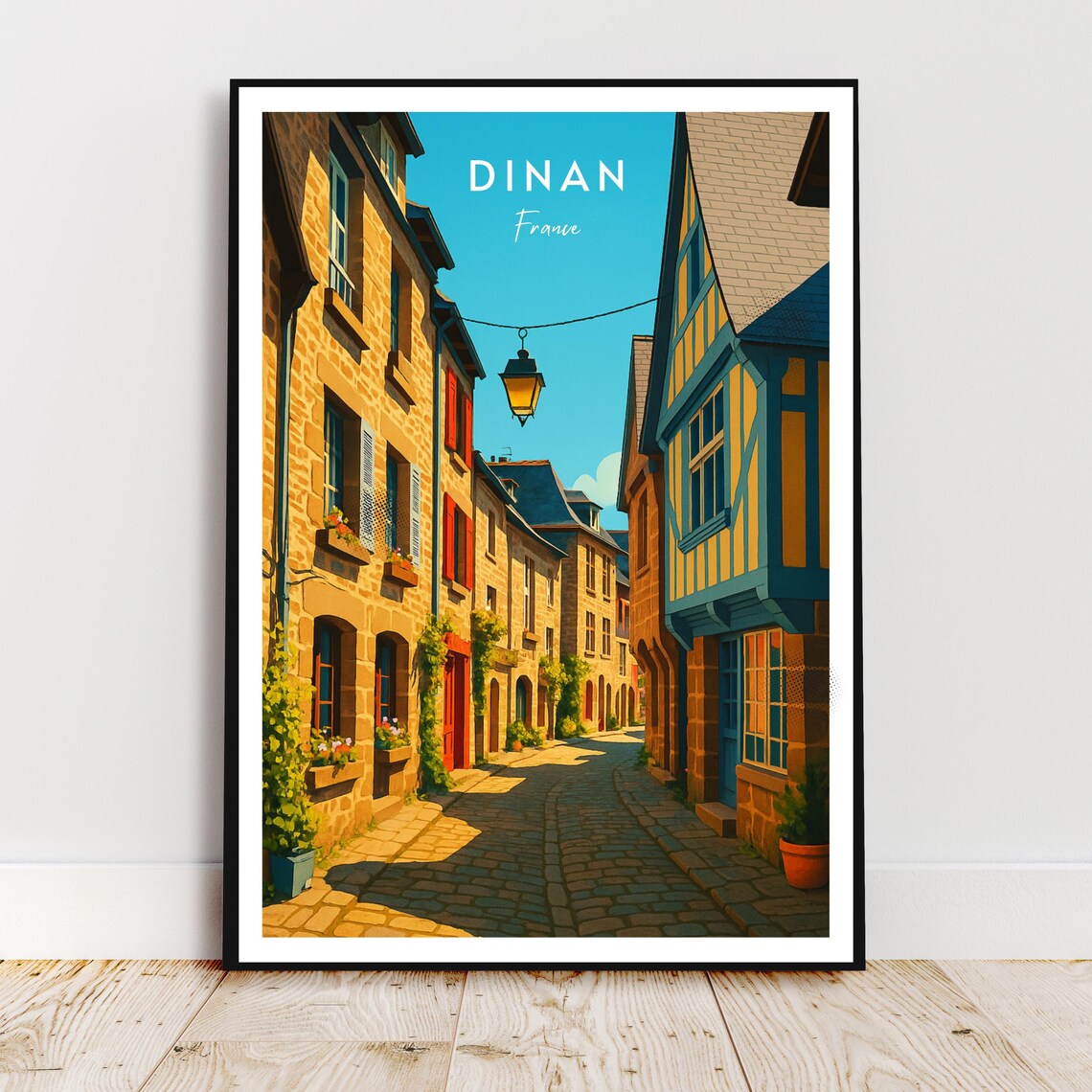 Dinan France Old Town Cobblestone Street Brittany Travel Poster