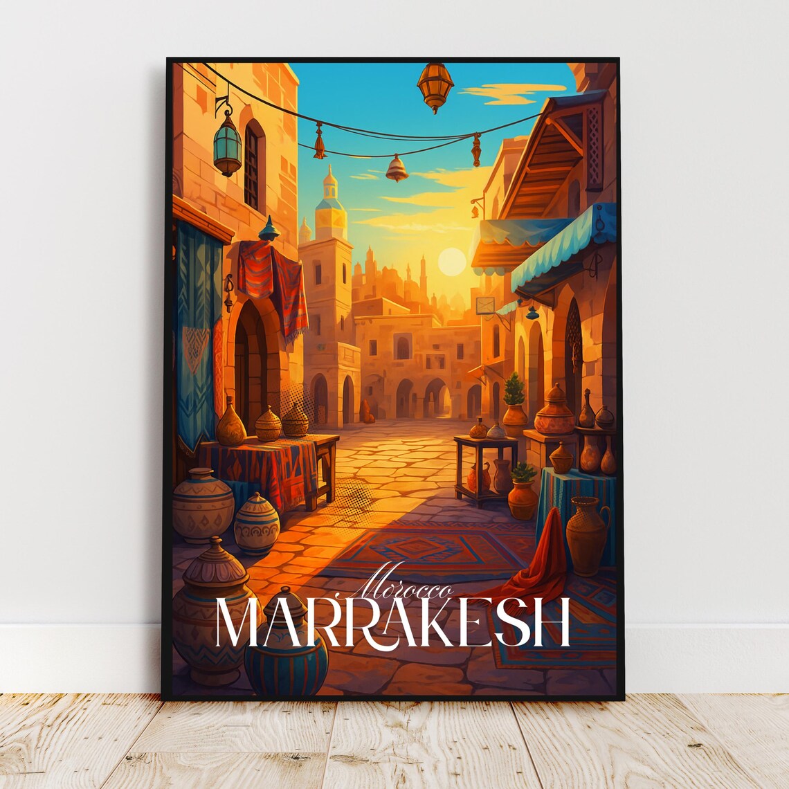 Marrakesh Morocco Souk Market Lanterns Pottery Sunset Vintage Travel Poster