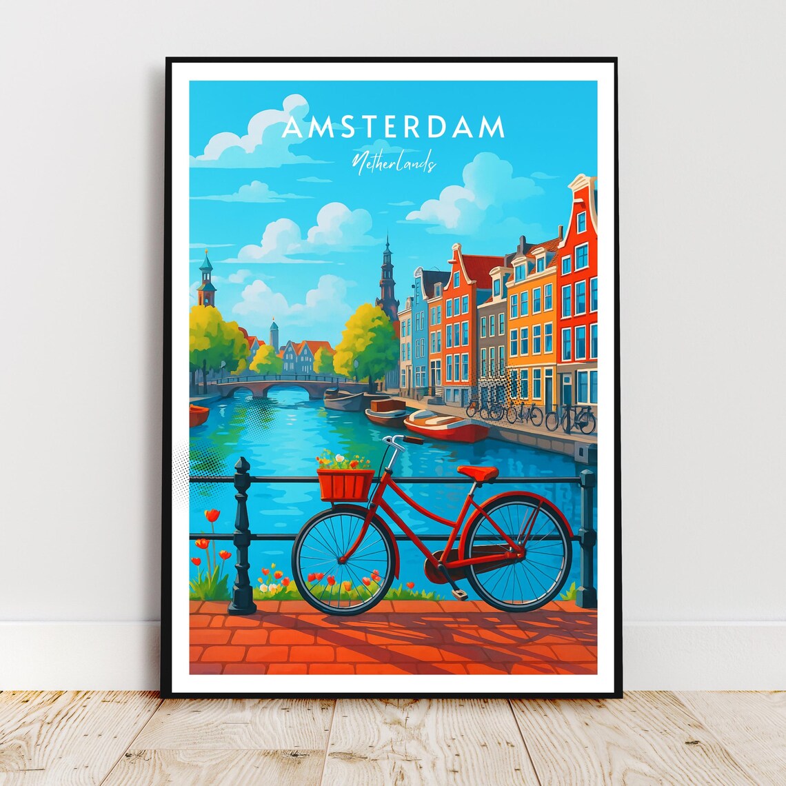 Amsterdam Netherlands Red Bicycle Canal Houses Vintage Travel Poster