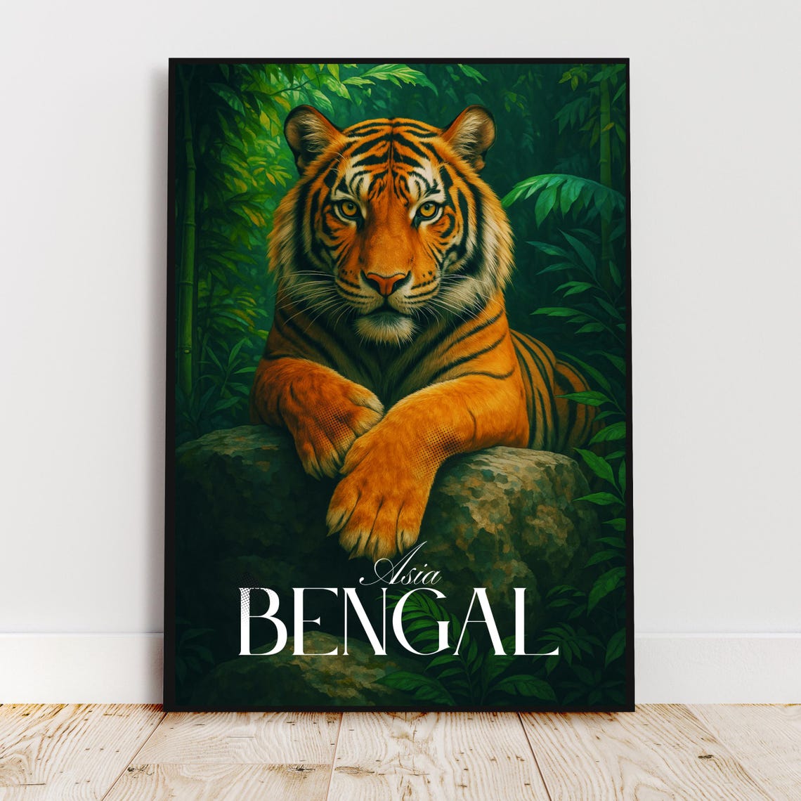 Bengal Tiger Resting in Green Jungle Vintage Asia Travel Poster