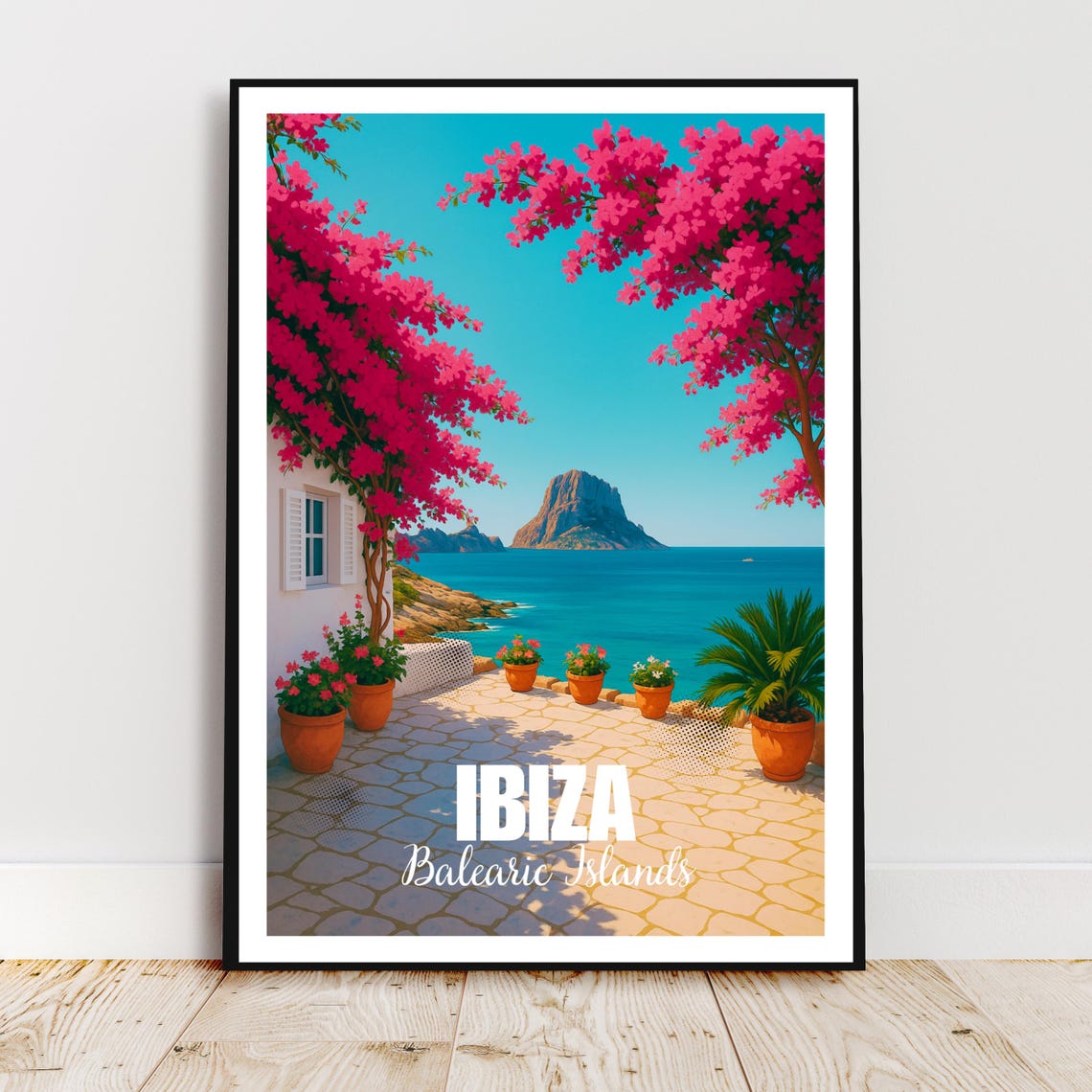 Ibiza Balearic Islands Bougainvillea Terrace Sea View Travel Poster