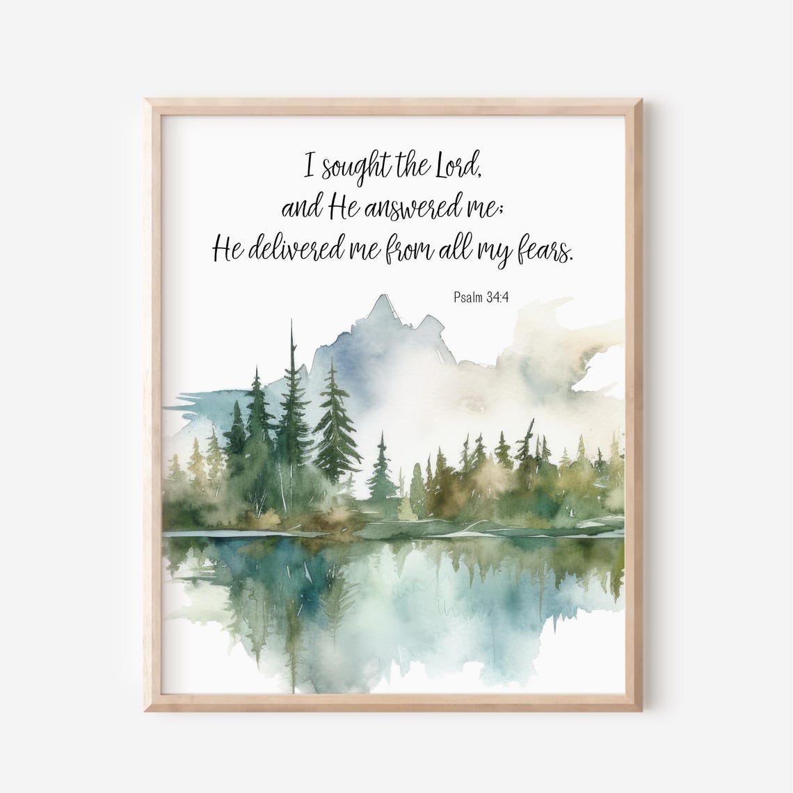 I Sought The Lord Psalm 34 Watercolor Mountain Lake Scripture Print