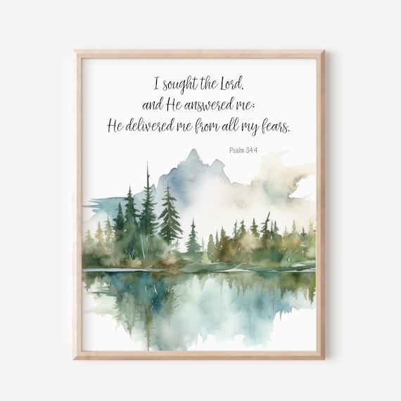Psalm 344 I Sought The Lord And He Answered Me Bible Verse Wall Art Christian Gift Watercolor Landscape Delivered From All My Fears