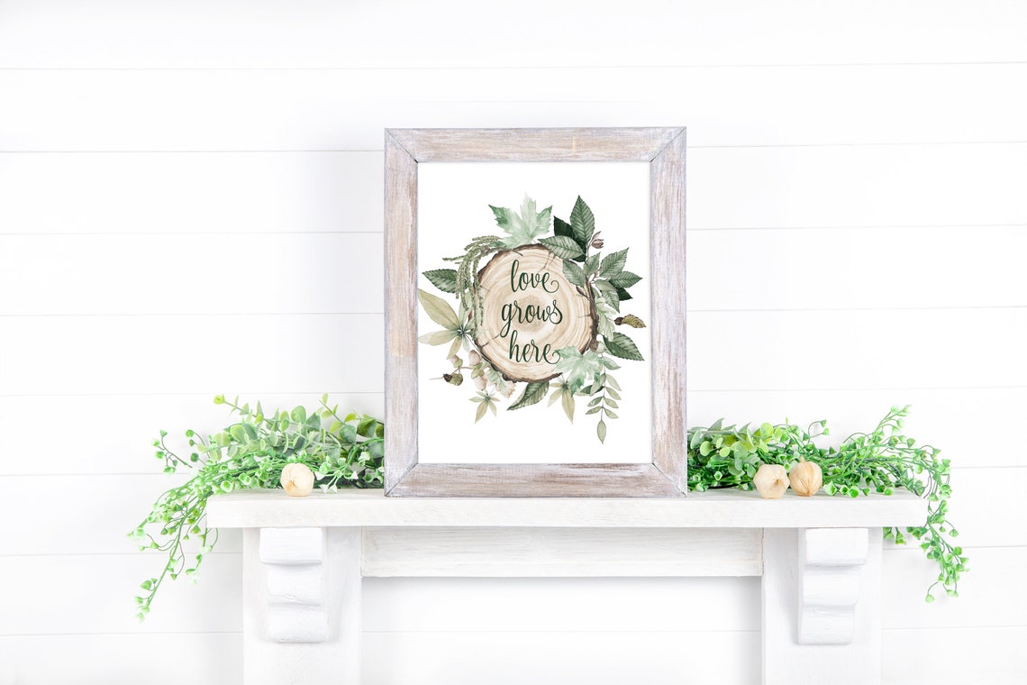 Love Grows Here Wood Slice Greenery Farmhouse Quote Art Print - Image 3