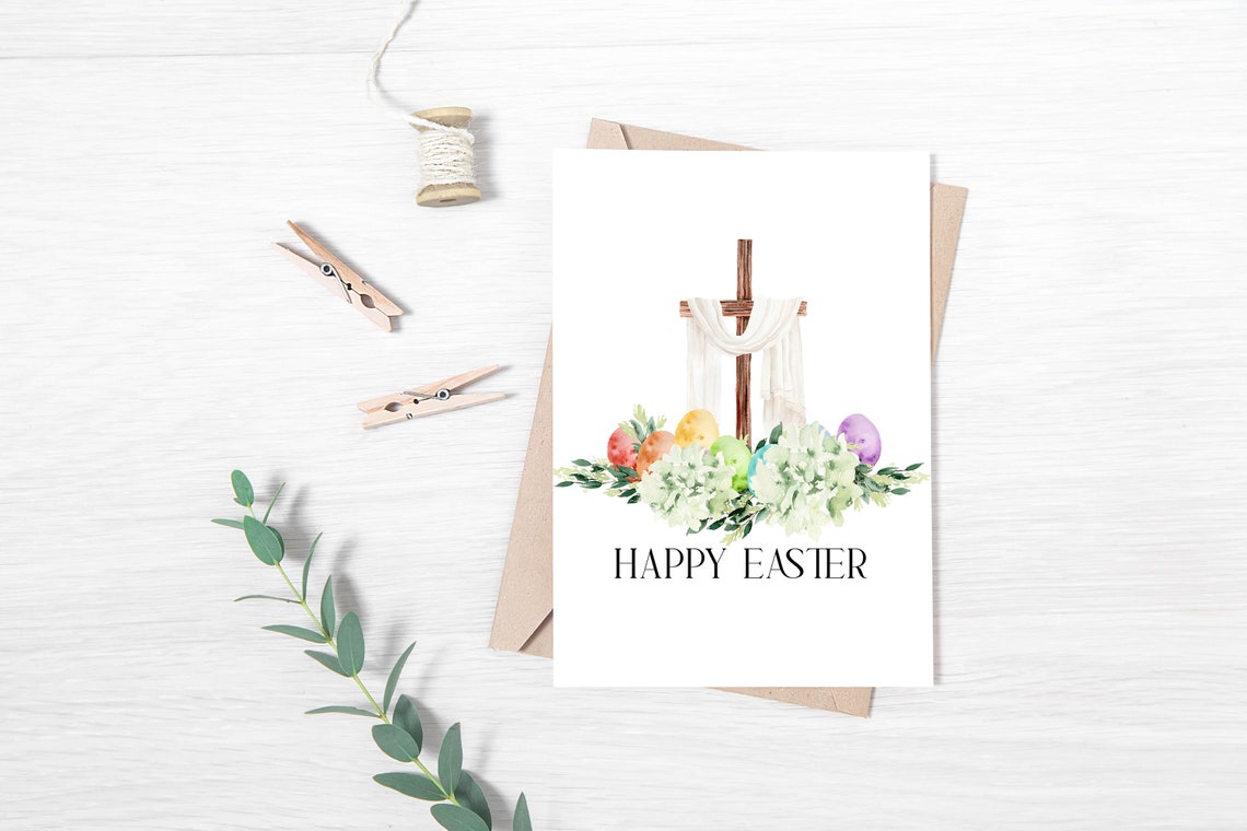 Happy Easter Cross With White Drape Hydrangea Watercolor Poster - Image 3