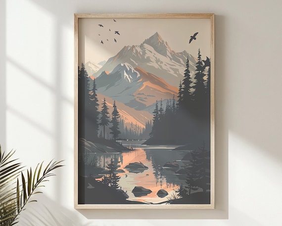 Mountain Landscape Print Nature Scenery Wall Art Forest Reflection Nursery Decor Outdoor Adventure Kids Posters Gift Artwork