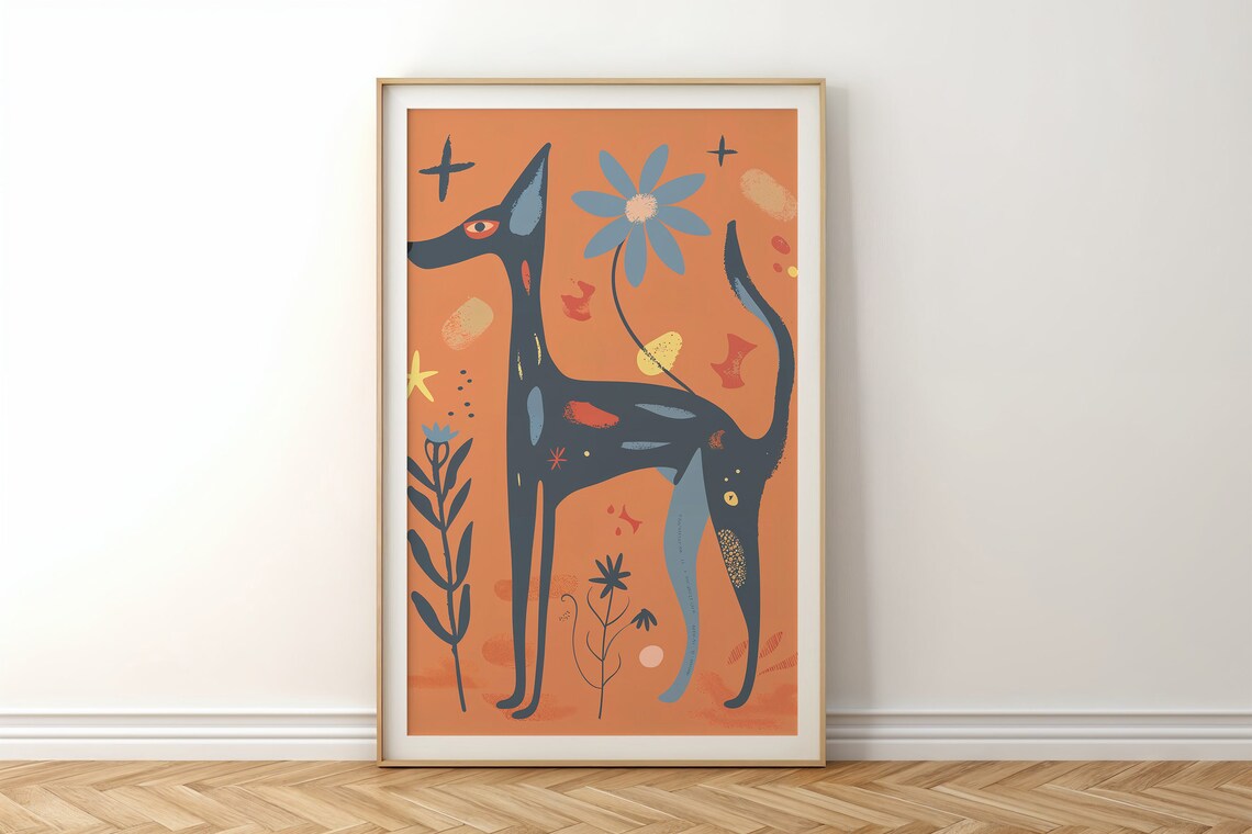 Sleek Black Dog Orange Sunset Stars Folk Art Animal Wall Poster - Image 6