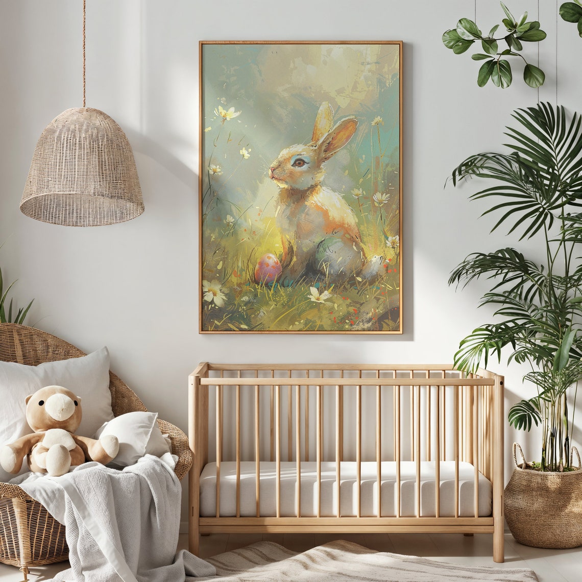 Sunny White Bunny Painterly Meadow Pink Easter Egg Nursery Poster - Image 2