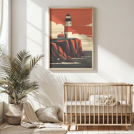 Nautical Lighthouse Print Nursery Wall Art Kids Coastal Poster Ocean Decor Gift Seaside Landscape Red And Cream Palette