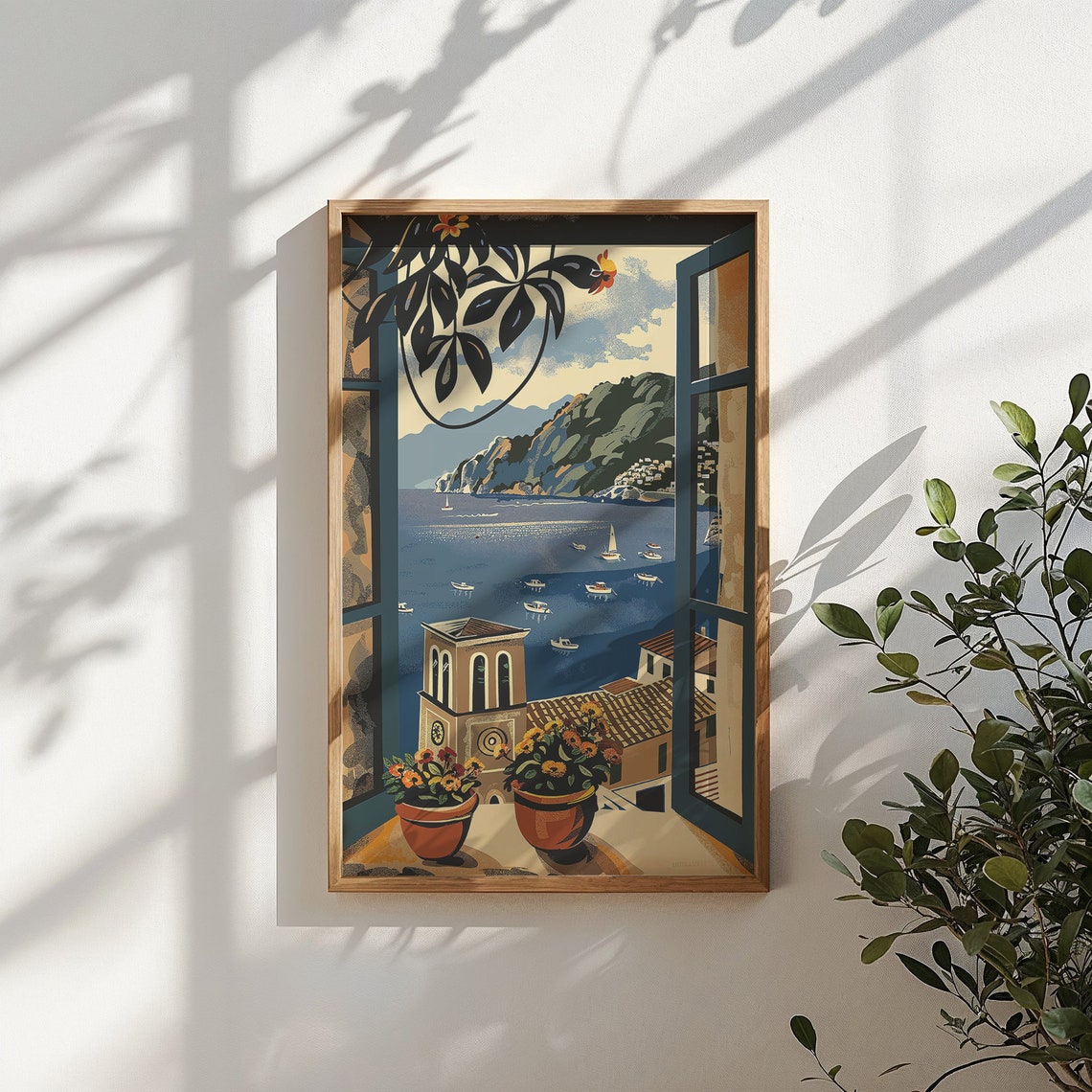Mediterranean Harbor Bell Tower Window View Coastal Town Travel Poster - Image 4
