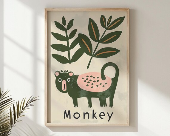 Green Monkey Pink Spotted Belly Tropical Leaves Kids Jungle Poster