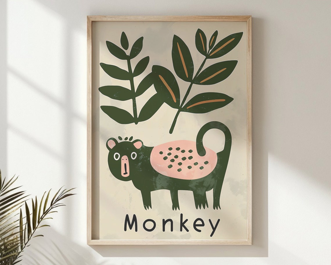 Green Monkey Pink Spotted Belly Tropical Leaves Kids Jungle Poster