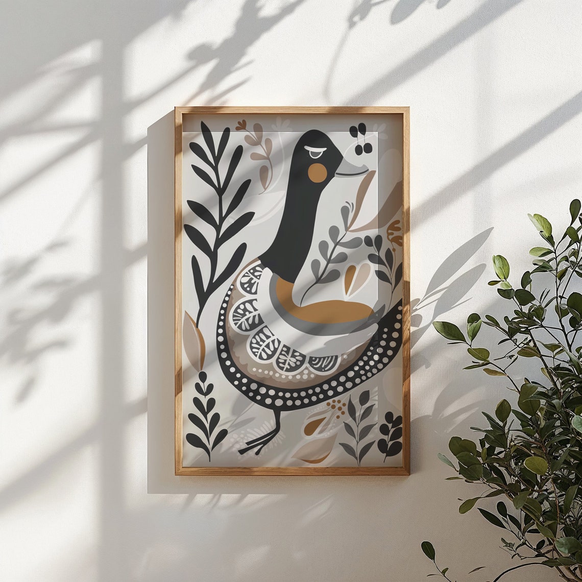 Folk Art Duck Nursery Poster Scandinavian Black Tan Botanical Print - Image 6