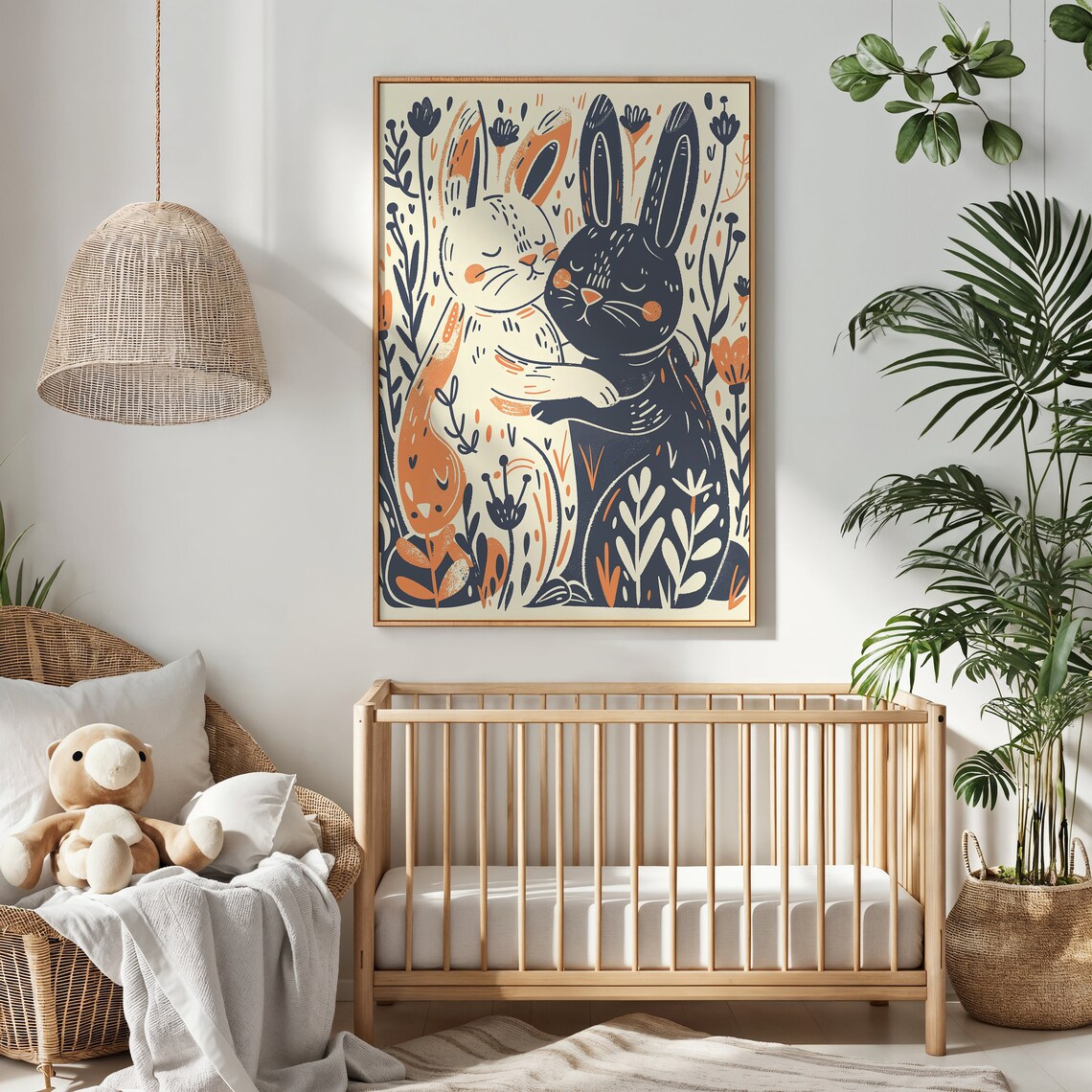 Two Bunnies Hugging Floral Illustration Whimsical Easter Wall Art Poster - Image 3